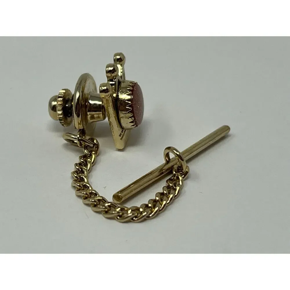Vintage Crown Tie Tack Goldstone Cabochon Gold Tone T-Bar Chain Pin Men